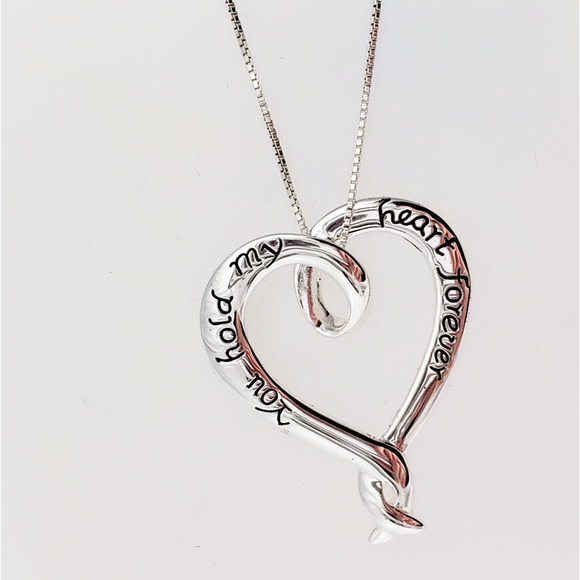 Sterling Silver "You Hold My Heart Forever", Heart Pendant Necklace, 18" - Picture 2 of 3